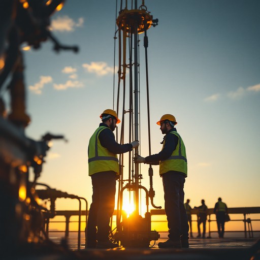 Industrial workers at sunset oilfield