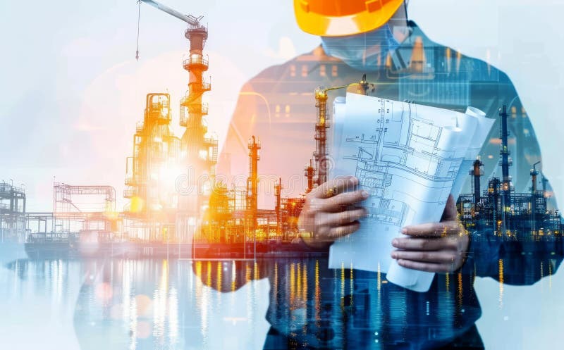 Engineers reviewing blueprints at oil plant